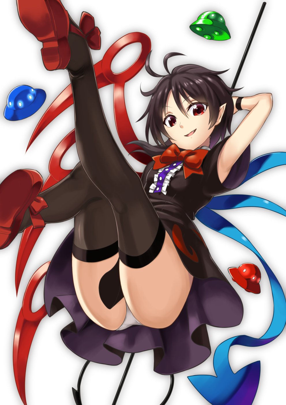 &gt;:) 1girl abe_ranzu ahoge armpits asymmetrical_wings black_dress black_hair black_legwear bow bowtie dress fang highres holding holding_weapon houjuu_nue panties parted_lips pointy_ears polearm red_bow red_bowtie red_eyes red_shoes shoes short_sleeves smile solo thigh-highs touhou trident ufo underwear weapon white_panties wings wristband
