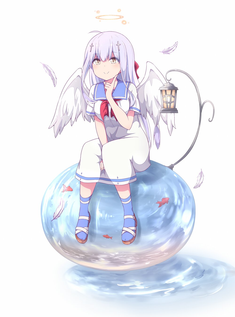 1girl angel angel_wings blue_legwear cross_hair_ornament dress feathered_wings feathers gabriel_dropout hair_ornament halo highres index_finger_raised jpeg_artifacts lantern lavender_hair ripples sailor_dress sandals shiraha_raphiel_ainsworth socks solo ukami white_background white_wings wings yellow_eyes