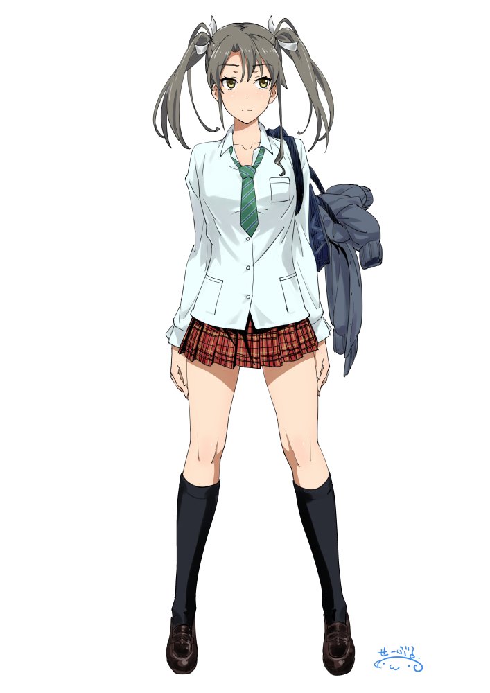 1girl :3 alternate_costume arms_at_sides bag black_jacket black_legwear black_shoes breast_pocket buttons closed_mouth collarbone dress_shirt duffel_bag full_body green_hair green_necktie hair_ribbon jacket jacket_removed kantai_collection kneehighs legs_apart loafers long_hair long_sleeves looking_at_viewer miniskirt necktie over_shoulder plaid plaid_skirt pleated_skirt pocket red_skirt ribbon school_uniform shirt shoes signature simple_background skirt smiley_face standing suna twintails white_background white_ribbon yellow_eyes zuikaku_(kantai_collection)
