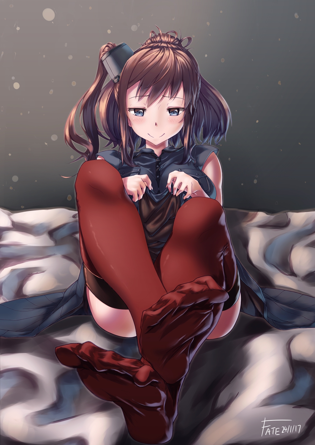 1girl black_dress blue_eyes breast_pocket breasts brown_hair dress dress_lift ekusufeito facing_viewer feet hair_between_eyes highres kantai_collection large_breasts looking_at_viewer no_shoes pocket ponytail pov_feet red_legwear remodel_(kantai_collection) saratoga_(kantai_collection) side_ponytail sidelocks smile soles solo thigh-highs toes