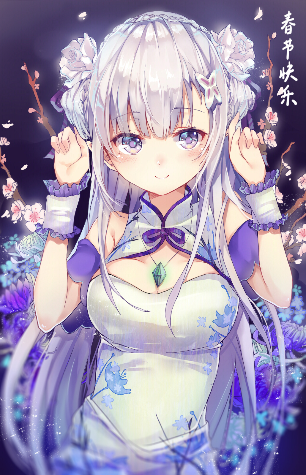 bare_shoulders blush cherry_blossoms chinese_dress collar emilia_(re:zero) flowers hair_buns hair_ornament hairclip jewel long_hair medium_breasts necklace necktie purple_eyes re:zero_kara_hajimeru_isekai_seikatsu ribbon smile white_hair wristbands