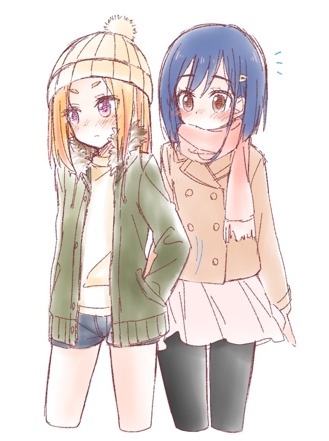 2girls beanie black_legwear blonde_hair blue_hair blush brown_eyes casual covered_mouth flip_flappers hair_ornament hairclip hat jacket jpeg_artifacts kokomine_cocona multiple_girls open_clothes open_jacket pantyhose scarf short_hair short_shorts shorts simple_background sou_(mgn) violet_eyes white_background winter_clothes yayaka