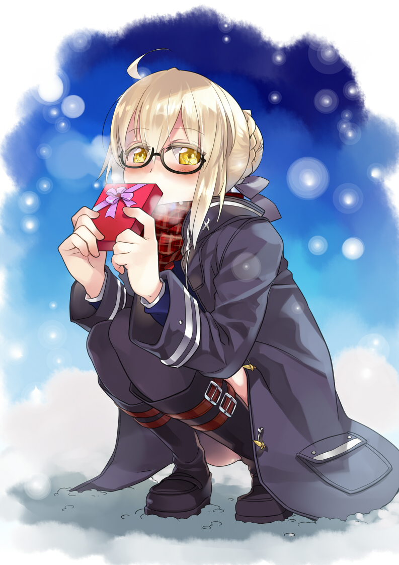 1girl ahoge bangs black_legwear blonde_hair blush boots braid coat covered_mouth duffel_coat fate/grand_order fate_(series) full_body gift glasses hair_bun heroine_x heroine_x_(alter) holding holding_gift knees_together_feet_apart looking_at_viewer open_clothes open_coat plaid plaid_scarf red_scarf rori_chuushin saber scarf semi-rimless_glasses sidelocks snow solo squatting thigh-highs under-rim_glasses yellow_eyes