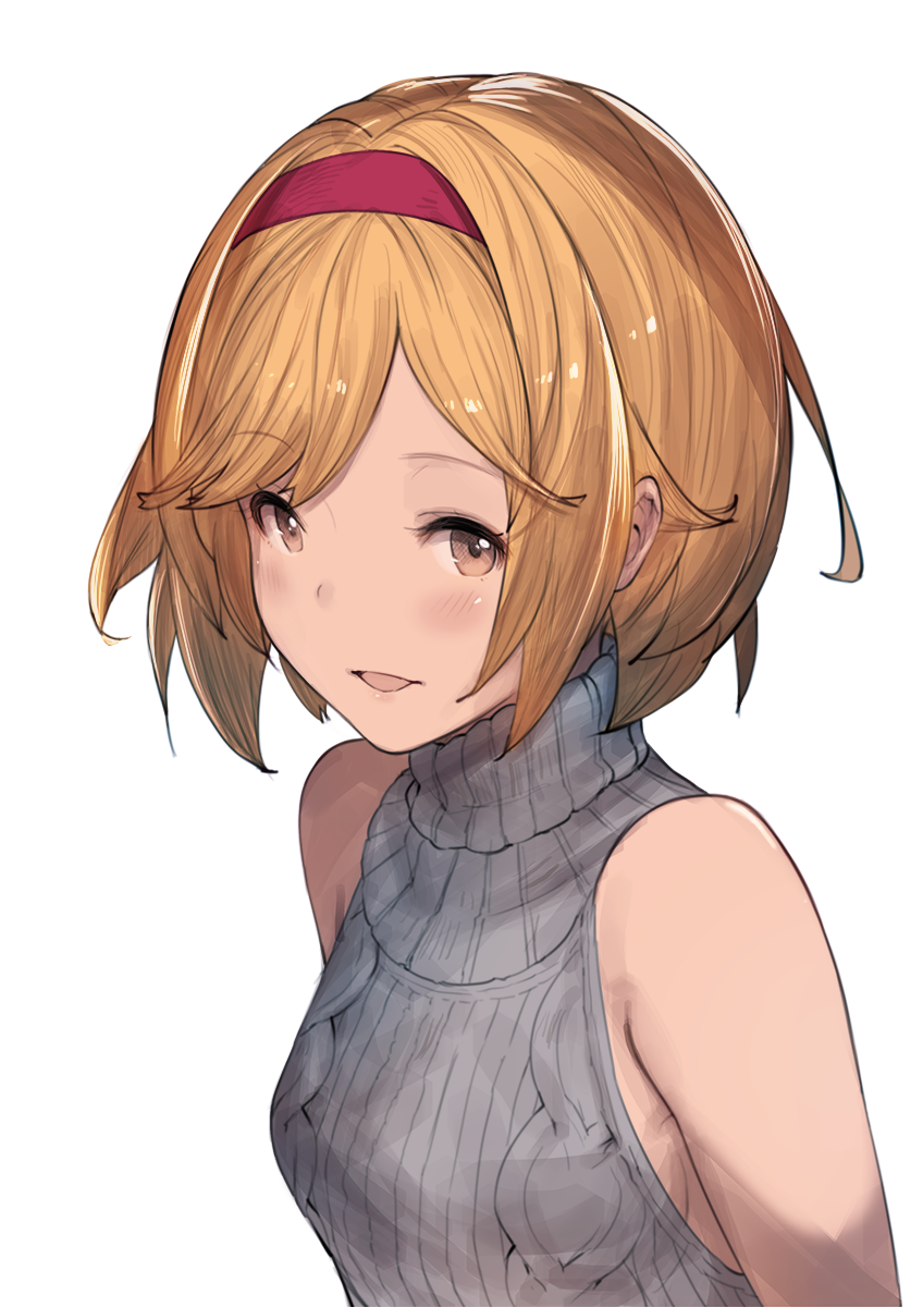 1girl bangs bare_shoulders blonde_hair blush breasts brown_eyes djeeta_(granblue_fantasy) dress eyebrows_visible_through_hair granblue_fantasy grey_dress hairband halterneck hanarito highres looking_at_viewer medium_breasts no_bra open_mouth red_hairband ribbed_sweater short_hair simple_background smile solo sweater sweater_dress turtleneck turtleneck_sweater upper_body virgin_killer_sweater white_background
