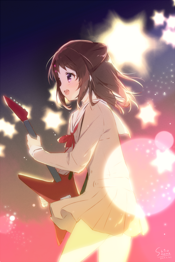 1girl 2017 :d artist_name bang_dream! beige_shirt beige_skirt blush bow bowtie brown_hair commentary_request cowboy_shot dated electric_guitar from_side guitar instrument lens_flare long_sleeves music number open_mouth playing_instrument pleated_skirt profile red_bow red_bowtie school_uniform serafuku shiratama_(shiratamaco) sideways_mouth skirt smile solo spotlight standing toyama_kasumi violet_eyes