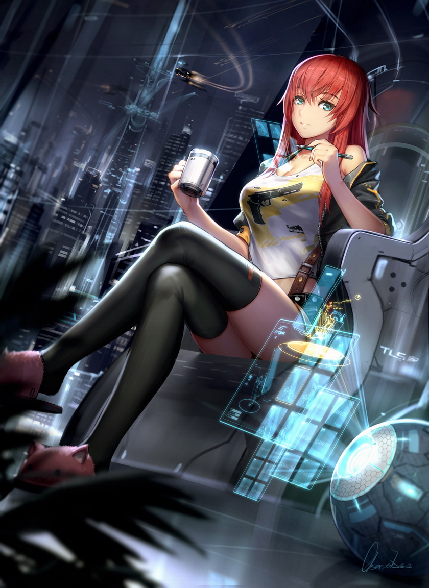 1girl aircraft artist_name bangs bare_shoulders belt black_jacket black_legwear black_shorts blue_eyes breasts building cat_slippers cleavage clothes_writing comic cup evil_genome eyelashes floor glass holding holding_cup holding_pen hologram honeycomb_(pattern) indoors jacket legs_crossed light_trail looking_at_viewer medium_breasts motion_blur mug night night_sky observerz off_shoulder official_art open_clothes open_jacket parted_lips plant print_shirt redhead science_fiction shirt short_shorts short_sleeves shorts signature sitting skindentation sky skyscraper slippers smile solo sphere suspender_shorts suspenders tank_top thigh-highs tile_floor tiles unzipped white_shirt