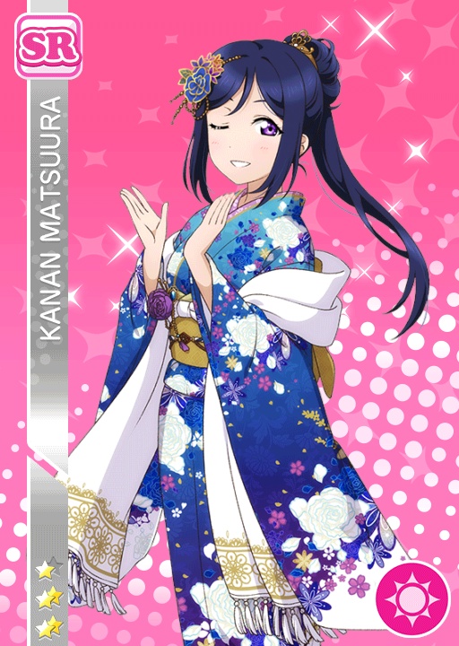 blue_hair blush character_name kimono long_hair love_live!_school_idol_festival love_live!_sunshine!! matsuura_kanan ponytail purple_eyes smile wink