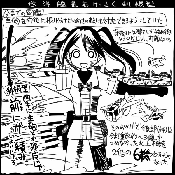 aircraft comic commentary_request greyscale kantai_collection mismatched_legwear monochrome outstretched_arms sakazaki_freddy tone_(kantai_collection) translation_request twintails