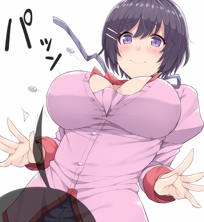 1girl araragi_koyomi black_hair blush breasts bursting_breasts hair_ornament hairclip hanekawa_tsubasa hasu_(hk_works) large_breasts monogatari_(series) school_uniform short_hair simple_background smile solo_focus sweatdrop violet_eyes weapon