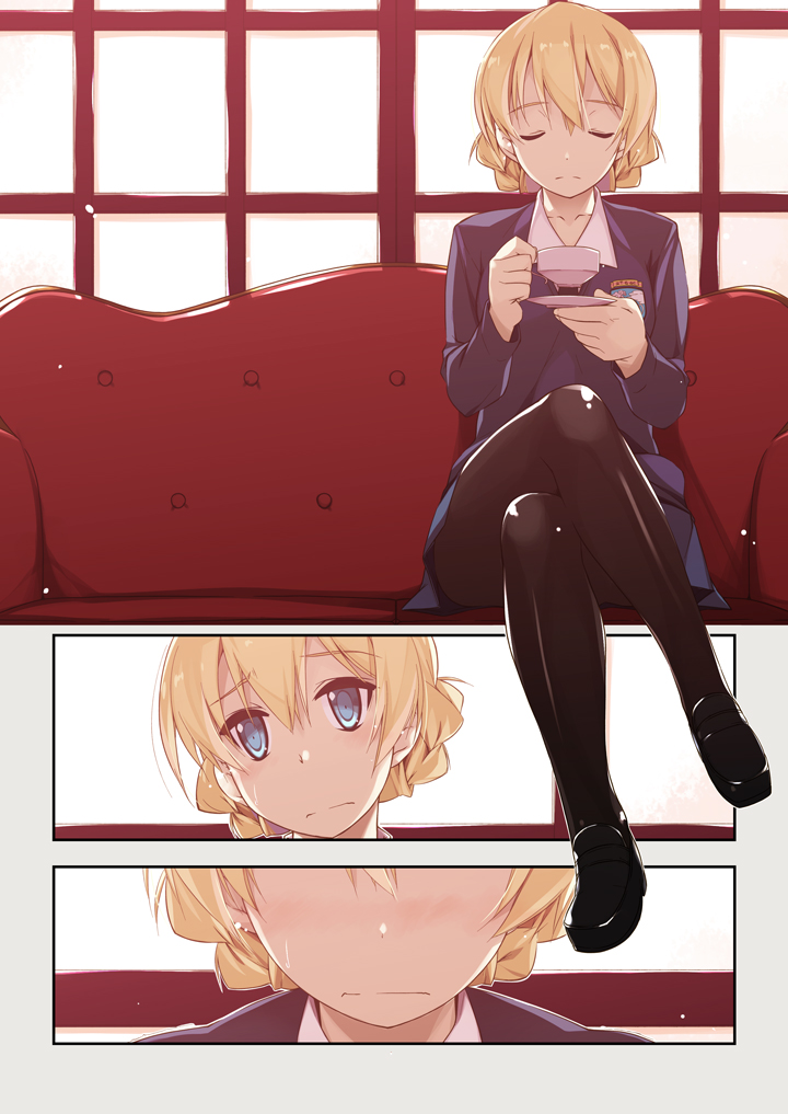 1girl backlighting black_legwear black_shoes blonde_hair blue_eyes blue_skirt blue_sweater blush bored braid close-up closed_eyes closed_mouth collarbone comic couch cup darjeeling emblem eyebrows_visible_through_hair faceless faceless_female french_braid full_body girls_und_panzer head_tilt holding holding_cup indoors legs_crossed loafers long_sleeves looking_to_the_side nose_blush on_couch pantyhose saucer shikei shoes short_hair skirt st._gloriana's_(emblem) sweater teacup window