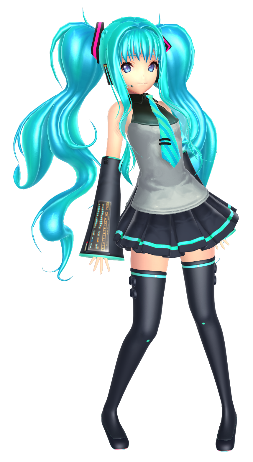 1girl :3 bare_shoulders blue_eyes boots crossover detached_sleeves hatsune_miku headphones long_hair necktie seeu skirt solo tagme thigh_highs vocaloid wavy_hair