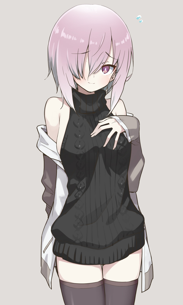 1girl aran_sweater backless_outfit bangs black_legwear black_thighhighs breasts closed_mouth clothes_pull cowboy_shot dress fate/grand_order fate_(series) flying_sweatdrops grey_background hair hair_between_eyes halterneck hama_chon hand_on_own_chest hood hoodie lavender_hair looking_at_viewer medium_breasts no_bra open-back_dress purple_hair ribbed_sweater shielder_(fate/grand_order) short_hair sideboob simple_background smile solo sweater sweater_dress sweater_pull thigh-highs thigh_gap thighs turtleneck turtleneck_sweater violet_eyes virgin_killer_sweater