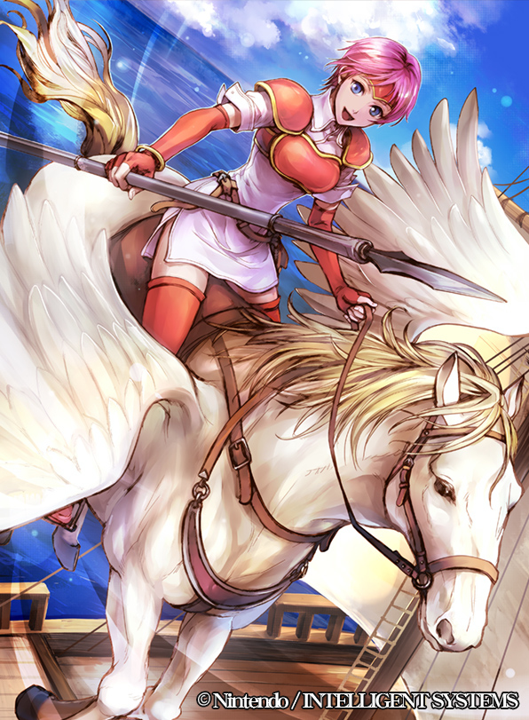 1girl armor artist_request blue_eyes breastplate company_connection copyright_name dress elbow_gloves fingerless_gloves fire_emblem fire_emblem:_souen_no_kiseki fire_emblem_cipher gloves holding holding_weapon horseback_riding jewelry marcia open_mouth pauldrons pegasus pegasus_knight pink_hair polearm riding short_dress short_hair sky smile solo spear thigh-highs wadadot_lv weapon zettai_ryouiki