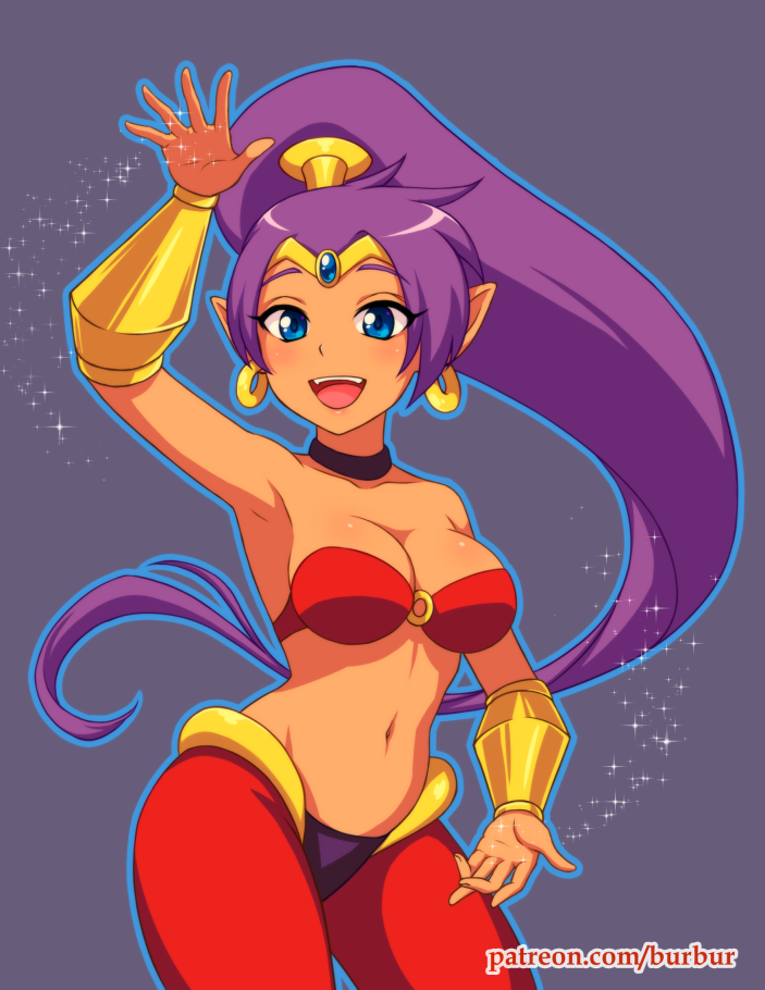 1girl :d arm_up armpits bare_shoulders black_choker blue_eyes blush bracer breasts burbur choker cleavage collarbone dark_skin earrings fang female forehead_jewel gem grey_background harem_pants highres hips hoop_earrings jewelry long_hair medium_breasts midriff navel neck o-ring_top o-ring_tubetop open_mouth pants patreon pointy_ears ponytail purple_hair red_tubetop round_teeth sapphire_(stone) shantae shantae_(character) shantae_(series) simple_background smile solo sparkle standing stomach strapless teeth thighs tiara tubetop vambraces