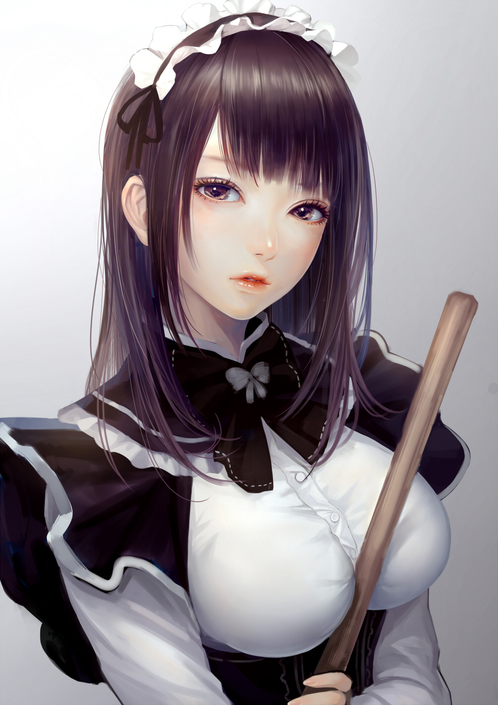 1girl bangs black_eyes black_hair blunt_bangs breasts broom buttons commentary_request corset grey_background highres holding holding_broom long_hair long_sleeves looking_at_viewer maid maid_headdress medium_breasts okamocheese original parted_lips red_lips sketch solo stitches upper_body