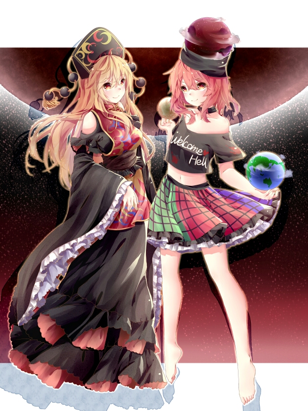 2girls adapted_costume bare_shoulders barefoot black_dress black_shirt blonde_hair chinese_clothes collar crescent detached_sleeves dress earth_(ornament) hat hecatia_lapislazuli junko_(touhou) long_hair moon_(ornament) multicolored multicolored_clothes multicolored_skirt multiple_girls navel off-shoulder_shirt planet polos_crown red_eyes redhead shirt skirt sleeveless sleeveless_dress space star_(sky) t-shirt tabard touhou yilocity