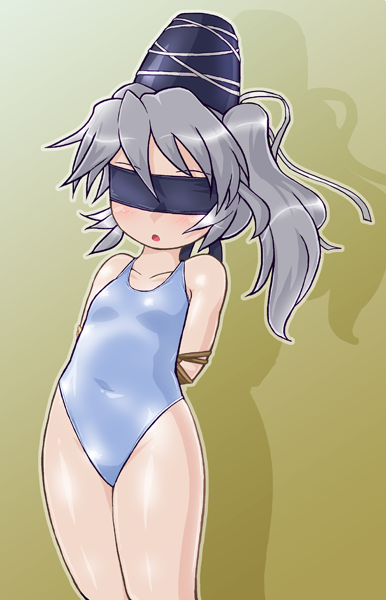 1girl arms_behind_back blindfold box_tie breasts covered_navel gradient gradient_background hat mononobe_no_futo one-piece_swimsuit ponytail restrained silver_hair small_breasts solo swimsuit tate_eboshi touhou white_swimsuit winn