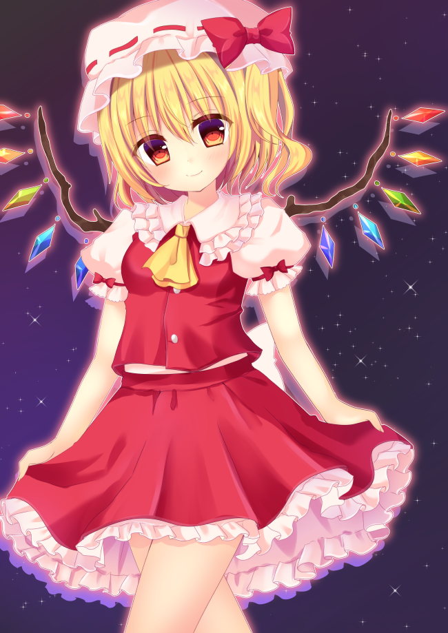 1girl artist_request ascot blonde_hair curtsey flandre_scarlet hat looking_at_viewer skirt smile touhou wings