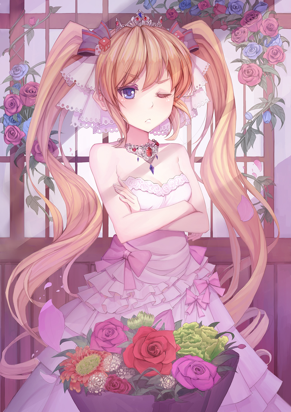 &gt;;( 1girl andrea_doria_(zhan_jian_shao_nyu) bangs bare_arms bare_shoulders black_ribbon blonde_hair blue_eyes blue_rose bouquet bow closed_mouth cowboy_shot crossed_arms dice dress eyebrows_visible_through_hair fingernails flower hair_ornament hair_ribbon highres jewelry lace_trim long_dress long_hair looking_at_viewer necklace petals pink_bow pink_rose plant pout red_rose ribbon rose shade solo strapless strapless_dress tiara twintails very_long_hair vines youxuemingdie zhan_jian_shao_nyu