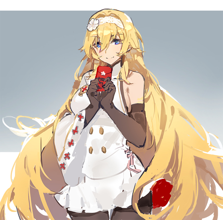 1girl black_legwear blonde_hair blue_background blue_eyes breasts brown_gloves buttons chinese_new_year closed_mouth cowboy_shot dress duke_of_york_(zhan_jian_shao_nyu) elbow_gloves english_flag envelope eyebrows_visible_through_hair flower gloves hair_between_eyes hair_down hair_flower hair_ornament hairband holding_envelope kishiyo lace_hairband legs_together long_hair long_sleeves looking_at_viewer messy_hair pantyhose pleated_skirt sideboob single_sleeve skirt smile solo standing thigh_gap two-tone_background very_long_hair white_background white_dress white_hairband white_skirt wide_sleeves zhan_jian_shao_nyu