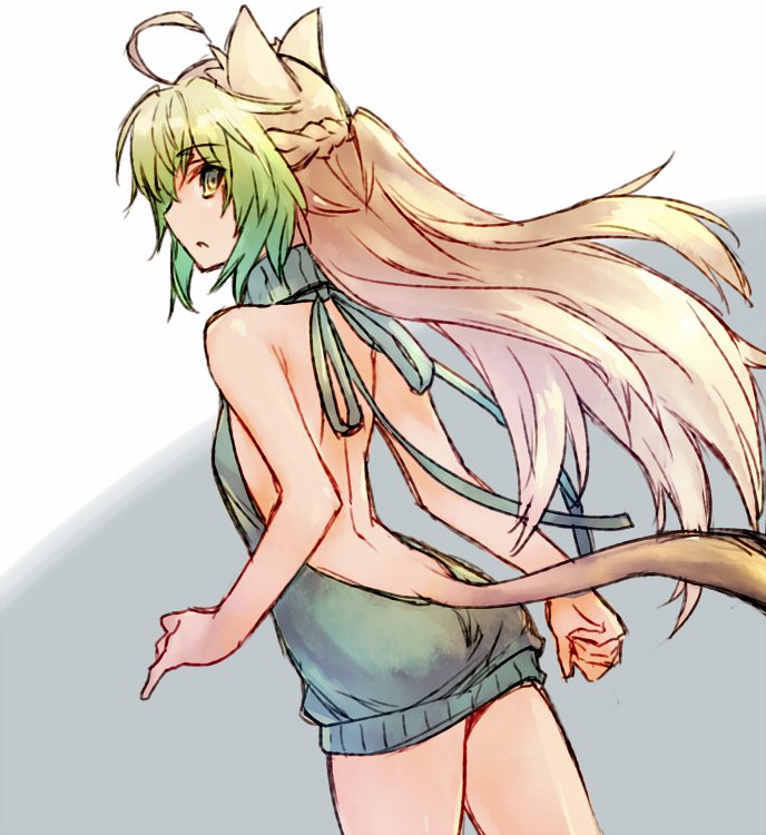 1girl animal_ears archer_of_red ass backless_outfit blush cat_ears cat_tail dress fate/apocrypha fate/grand_order fate_(series) from_behind green_eyes green_hair halterneck long_hair looking_at_viewer multicolored_hair naked_sweater no_bra no_panties open-back_dress sideboob solo sweater sweater_dress tail virgin_killer_sweater wanko_(takohati8)