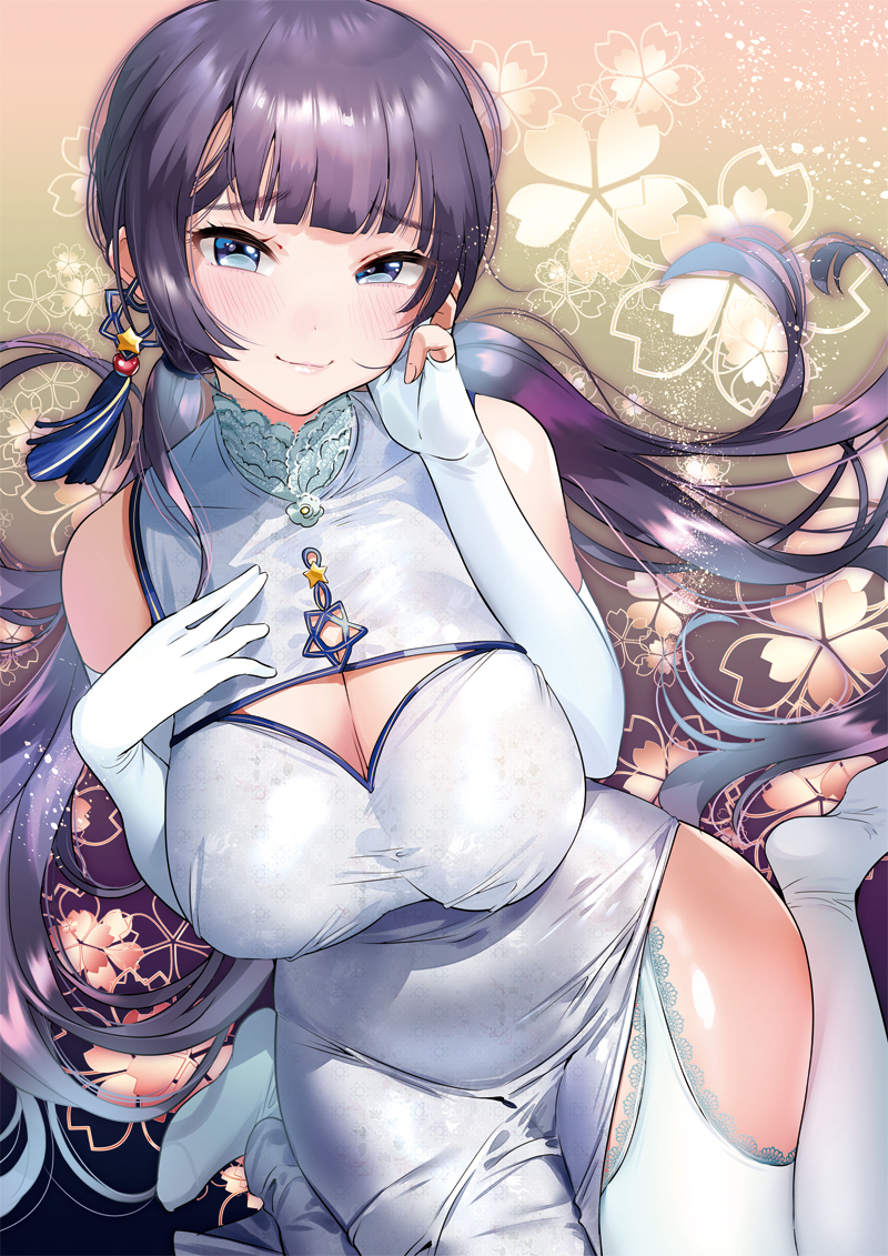1girl bangs black_hair blue_eyes blunt_bangs blush breasts china_dress chinese_clothes cleavage cleavage_cutout covered_navel dress earrings elbow_gloves floating_hair floral_background gloves jewelry lace lace-trimmed_thighhighs large_breasts long_hair looking_at_viewer low_twintails multicolored_hair original partly_fingerless_gloves sitting sleeveless sleeveless_dress smile solo thigh-highs twintails two-tone_hair very_long_hair wariza white_gloves white_legwear yan'yo_(yan'yan'yo)