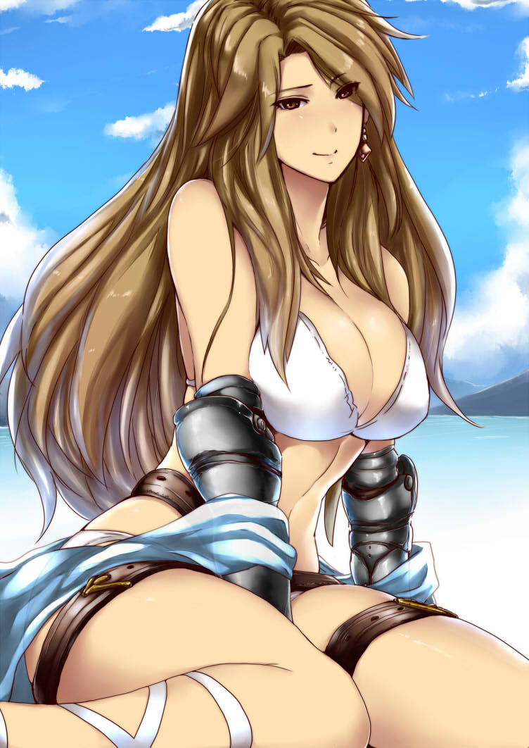 1girl bare_shoulders beltskirts breasts brown_eyes brown_hair catalina_(granblue_fantasy) cleavage closed_mouth collarbone day earrings gauntlets granblue_fantasy jewelry large_breasts long_hair looking_at_viewer navel sitting smile solo stomach thigh_strap tobisawa