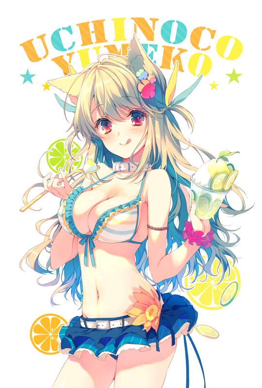 1girl :q animal_ears belt bikini bikini_skirt blonde_hair breasts cat_ears cleavage closed_mouth collar cowboy_shot cup eating flower food fruit hair_flower hair_ornament holding holding_cup holding_food holding_spoon large_breasts lemon lemon_slice long_hair miniskirt original raised_eyebrows red_eyes reia shaved_ice skirt smile solo striped striped_bikini striped_bikini_top swimsuit thighs tongue tongue_out wavy_hair