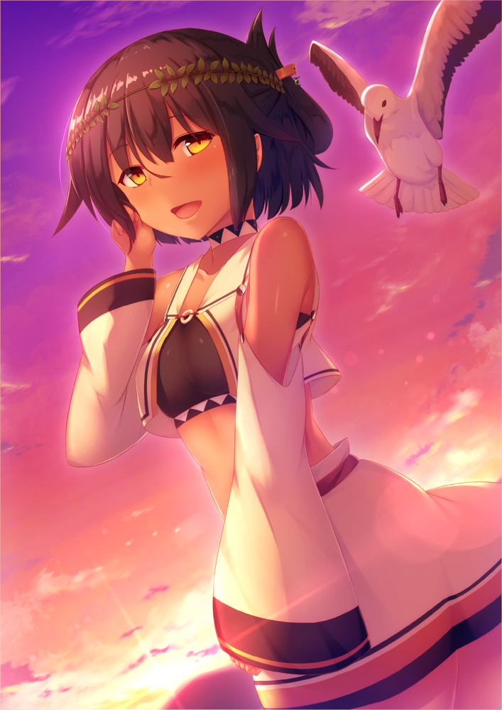 1girl arm_up bare_shoulders bird black_hair clouds crop_top dark_skin folded_ponytail hair_ornament looking_at_viewer midriff momo_no_kanzume open_mouth original seagull short_hair skirt sky smile solo sunset wreath yellow_eyes