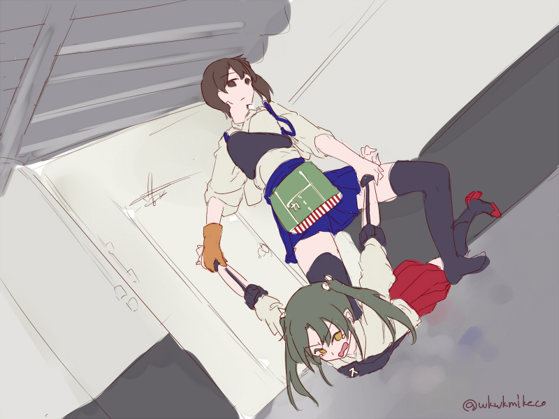 2girls billy_herrington danny_lee fighting gachimuchi japanese_clothes kaga_(kantai_collection) kantai_collection miko multiple_girls parody tears twitter_username wakuwakumikeco wrestling zuikaku_(kantai_collection)