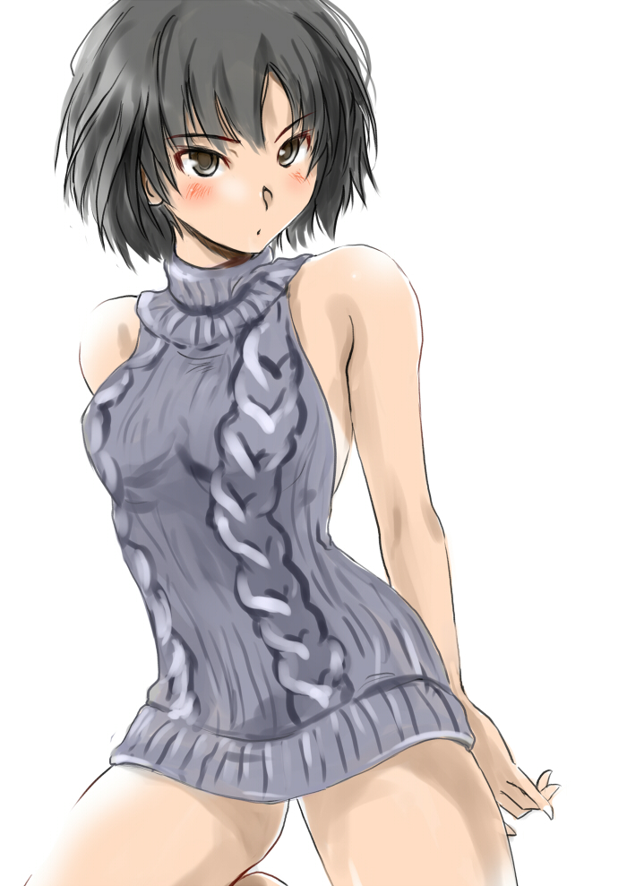 1girl amagami black_hair blush bob_cut brown_eyes murasaki_iro nanasaki_ai ribbed_sweater short_hair sweater sweater_dress virgin_killer_sweater