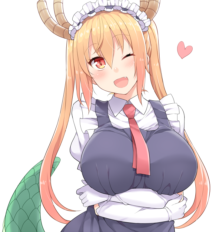 1girl ;d bangs blush breast_hold breasts dragon_girl dragon_horns dragon_tail elbow_gloves fang gloves hair_between_eyes hasu_(hk_works) heart horns kobayashi-san_chi_no_maidragon large_breasts long_hair looking_at_viewer maid maid_headdress one_eye_closed open_mouth orange_hair puffy_short_sleeves puffy_sleeves red_eyes short_sleeves slit_pupils smile solo tail tooru_(maidragon) twintails upper_body white_gloves