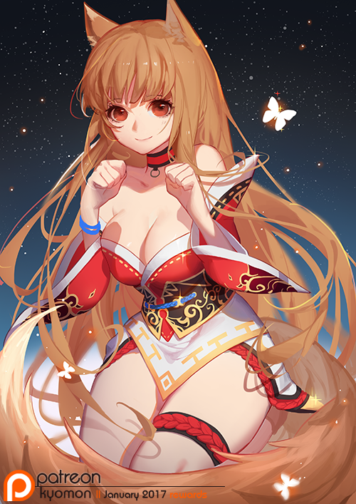 1girl ahri ahri_(cosplay) animal_ears breasts brown_hair cleavage commentary cosplay holo korean_clothes large_breasts league_of_legends long_hair low_neckline red_eyes sky smile songjikyo spice_and_wolf star_(sky) starry_sky wolf_ears