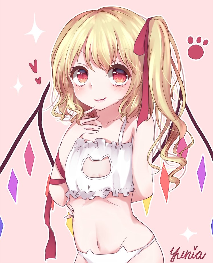 arm_behind_back artist_name bangs bare_shoulders blonde_hair bra cat_cutout cat_ear_panties cat_lingerie cleavage_cutout closed_mouth collarbone eyebrows_visible_through_hair fang flandre_scarlet flat_chest groin hair_ribbon hand_to_own_mouth hand_up midriff navel orange_eyes panties paw_print red_ribbon ribbon side_ponytail sparkle stomach touhou underwear underwear_only white_bra white_panties wings yuria_(kittyluv)