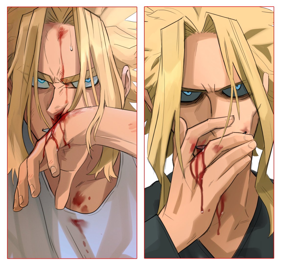 1boy angry bangs black_sclera black_shirt blonde_hair blood blood_from_mouth blood_on_face bloody_clothes bloody_hands blue_eyes boku_no_hero_academia collarbone colored_sclera commentary covering_mouth face grey_shirt hand_up male_focus medium_hair multiple_views shirt smile split_screen sweat trevo_(trevoshere) yagi_toshinori younger