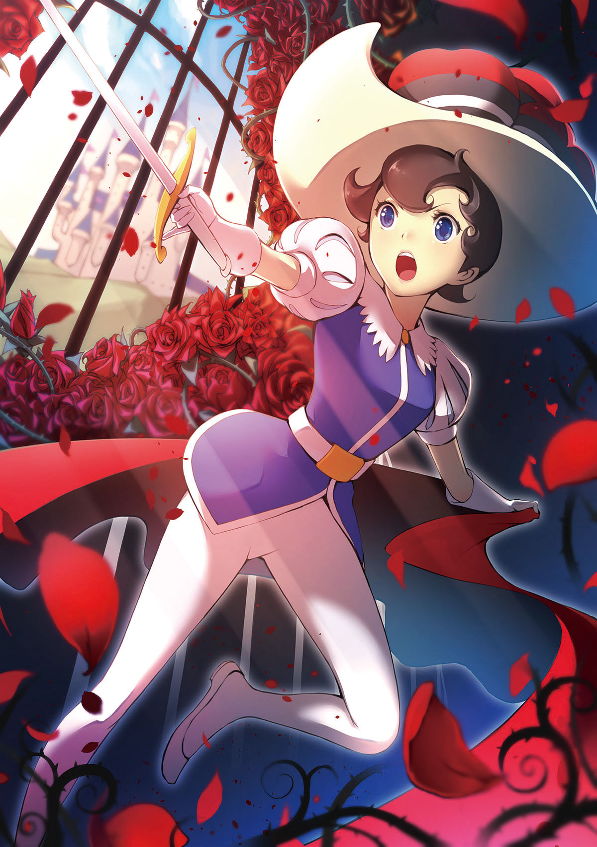 1girl blue_eyes blue_shirt blurry brown_hair castle depth_of_field flower gloves hat highres holding holding_sword holding_weapon leg_up noraico open_mouth outstretched_arm pantyhose petals plant princess_sapphire puffy_short_sleeves puffy_sleeves rapier red_rose ribbon_no_kishi rose shirt shoes short_hair short_sleeves solo sword thorns vines weapon white_gloves white_shoes