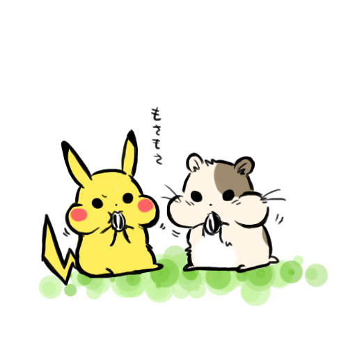 commentary_request eating hamster lowres pikachu pokemon pokemon_(creature) seed sunflower_seed translation_request