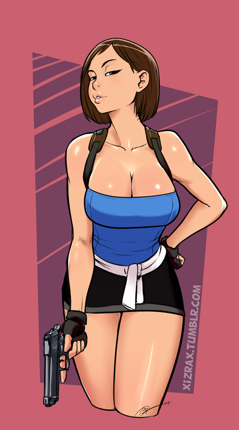 1girl armpit_holster bangs bare_legs black_gloves bob_cut breasts brown_hair bustier casual cleavage clothes_around_waist cropped_legs fingerless_gloves gloves gun half-closed_eyes hand_on_hip handgun holster izra jill_valentine large_breasts leaning_forward lips looking_at_viewer miniskirt nose pistol resident_evil resident_evil_3 short_hair skirt solo strapless sweater_around_waist swept_bangs trigger_discipline weapon