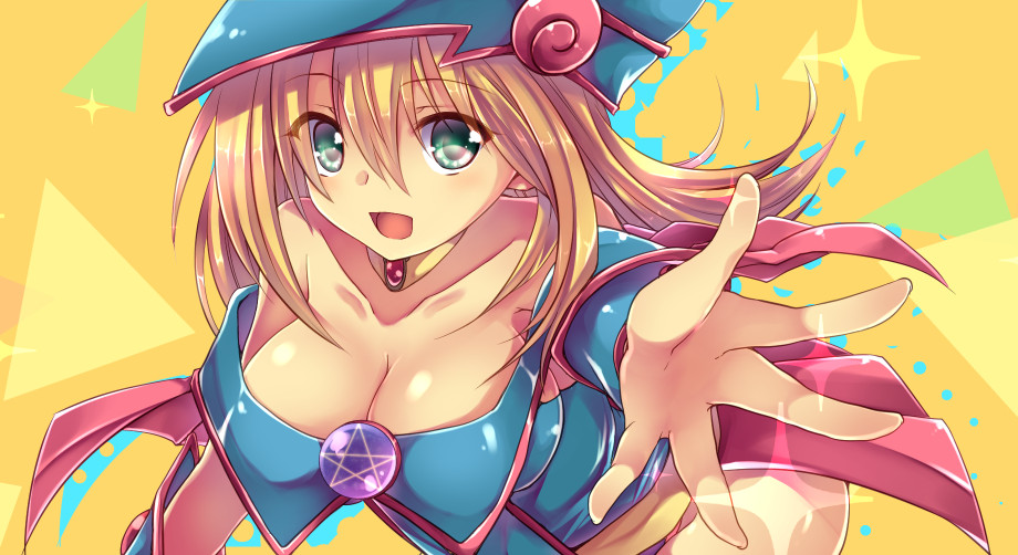 1girl :d bare_shoulders blonde_hair blue_eyes blush breasts capelet cleavage collarbone dark_magician_girl duel_monster foreshortening hair_between_eyes hat jyon104 large_breasts leaning_forward long_hair looking_at_viewer open_mouth pentacle reaching_out smile solo wizard_hat yuu-gi-ou