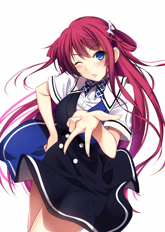 1girl blue_eyes bow grisaia_(series) grisaia_no_kajitsu hair_bow hand_on_hip long_hair looking_at_viewer one_eye_closed redhead simple_background solo suou_amane tsugaru_(co-walker) white_background white_bow