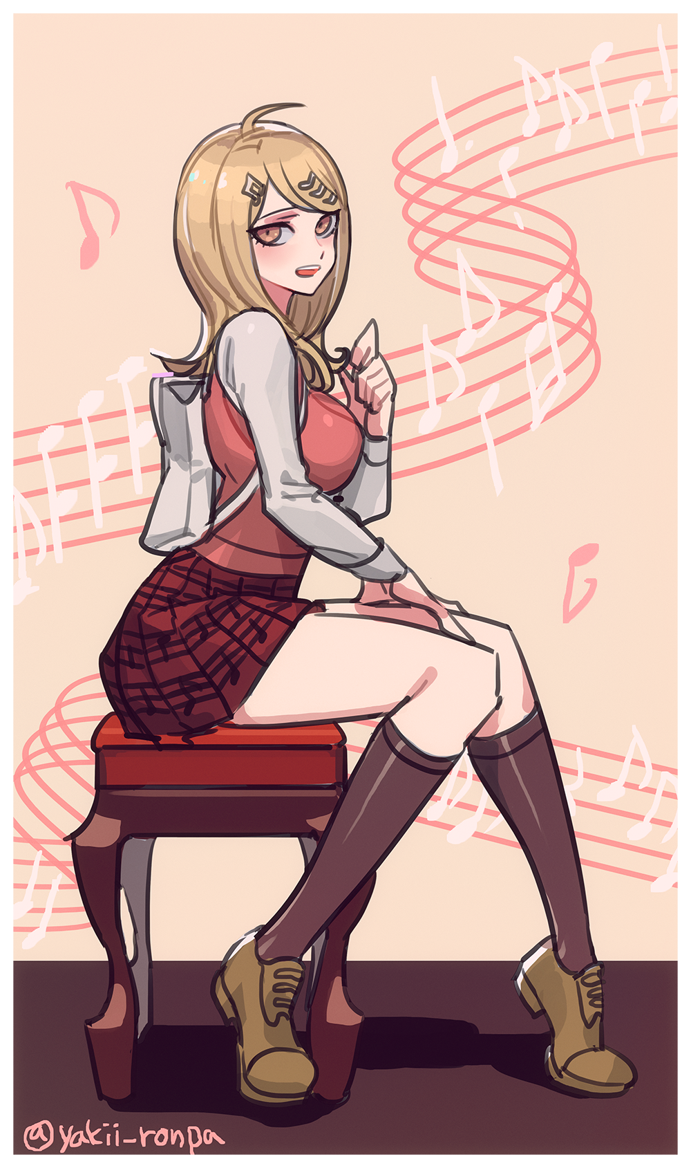 1girl ahoge akamatsu_kaede backpack bag beamed_quavers beamed_semiquavers blonde_hair dangan_ronpa haun highres long_hair musical_note musical_note_hair_ornament new_dangan_ronpa_v3 orange_eyes pink_background pleated_skirt quaver randoseru school_uniform semiquaver simple_background sitting skirt smile solo staff_(music) stool sweater_vest