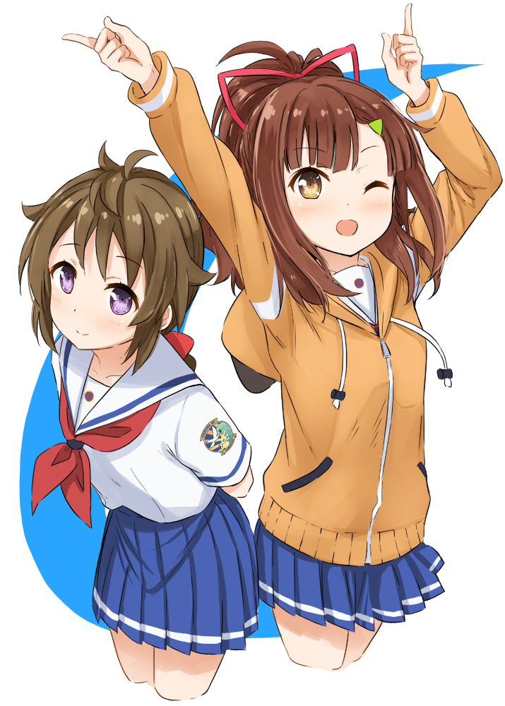 2girls ;d abe_kanari ahoge arms_behind_back arms_up bangs blue_skirt brown_eyes brown_hair cowboy_shot cropped_legs emblem hair_ornament hair_ribbon hairclip high_school_fleet hood hood_down hooded_jacket index_finger_raised irizaki_mei jacket long_hair long_sleeves looking_up multiple_girls neckerchief one_eye_closed open_mouth pleated_skirt pointing pointing_up ponytail ribbon school_uniform serafuku short_sleeves skirt smile violet_eyes yagi_tsugumi zipper