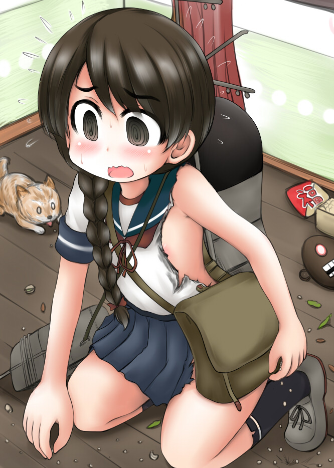 1girl bag beans black_legwear blush braid brown_hair dog handbag kantai_collection long_hair mask ouno_(nounai_disintegration) panicking school_uniform side_braid smokestack sweat torn_clothes turret uranami_(kantai_collection)