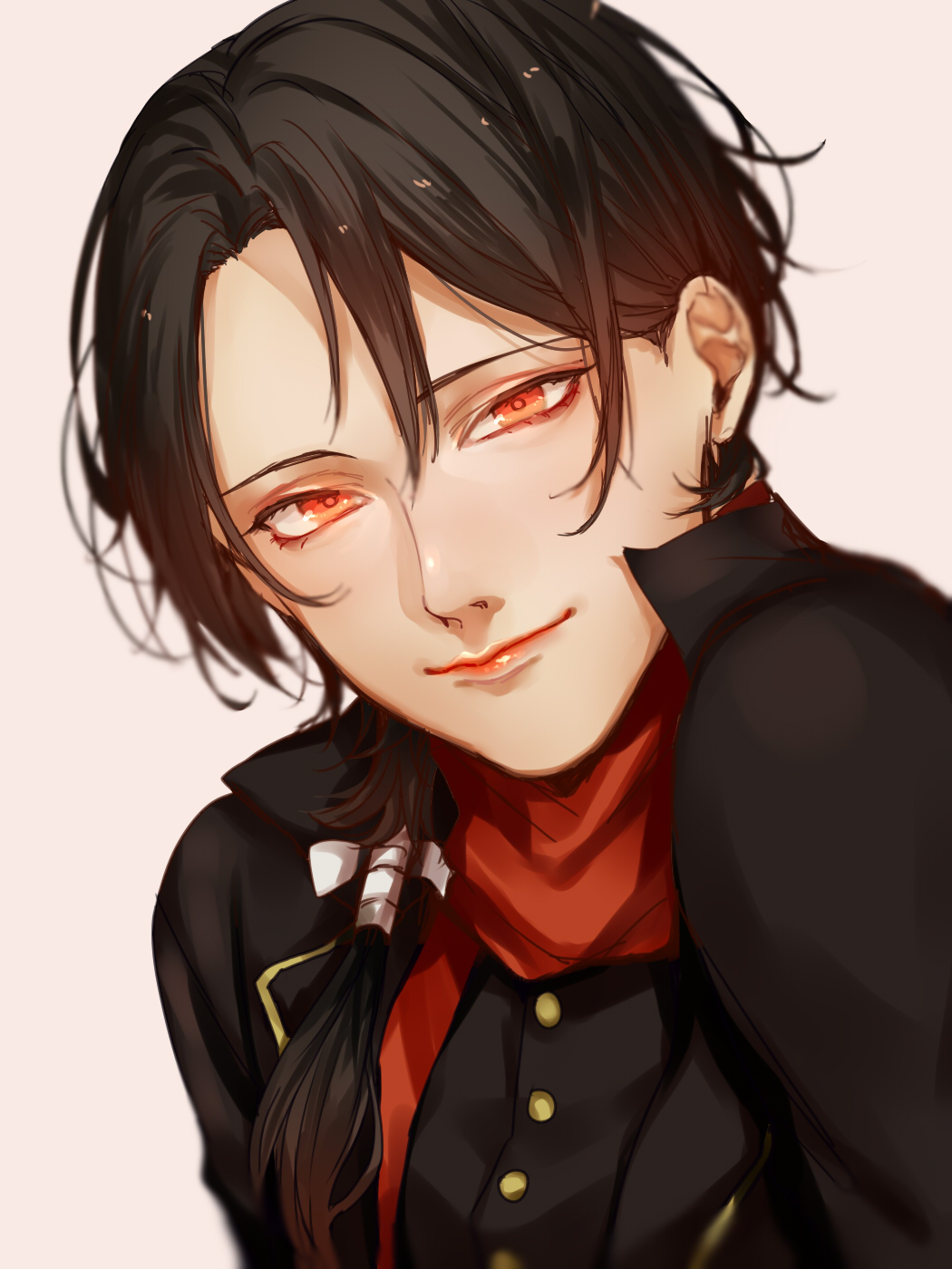 1boy bangs black_hair blurry buttons chiyome_(wavelove) closed_mouth depth_of_field eyelashes head_tilt highres kashuu_kiyomitsu long_hair looking_at_viewer low_ponytail male_focus no_mole ponytail red_eyes red_lips red_scarf scarf simple_background sketch solo touken_ranbu upper_body