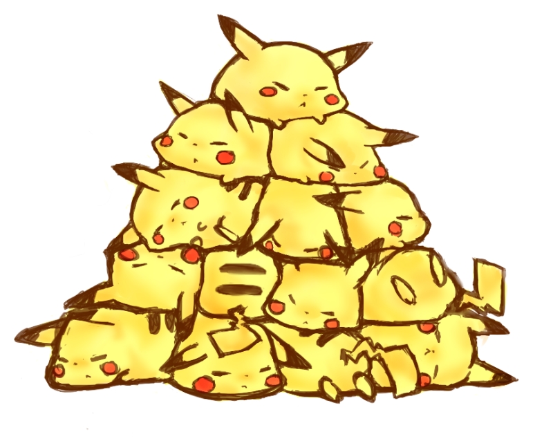 no_humans pikachu pokemon pokemon_(creature) sleeping too_many too_many_pikachu