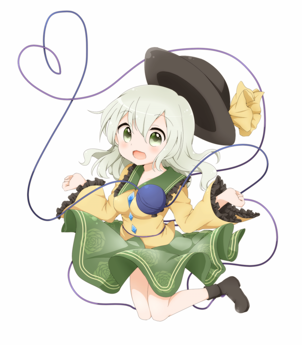 1girl black_hat bow commentary_request floral_print frilled_sleeves frills green_eyes green_hair green_skirt hat hat_bow heart heart_of_string jumping komeiji_koishi looking_at_viewer open_mouth skirt solo third_eye touhou yamisaki_(ymsk_xx) yellow_bow