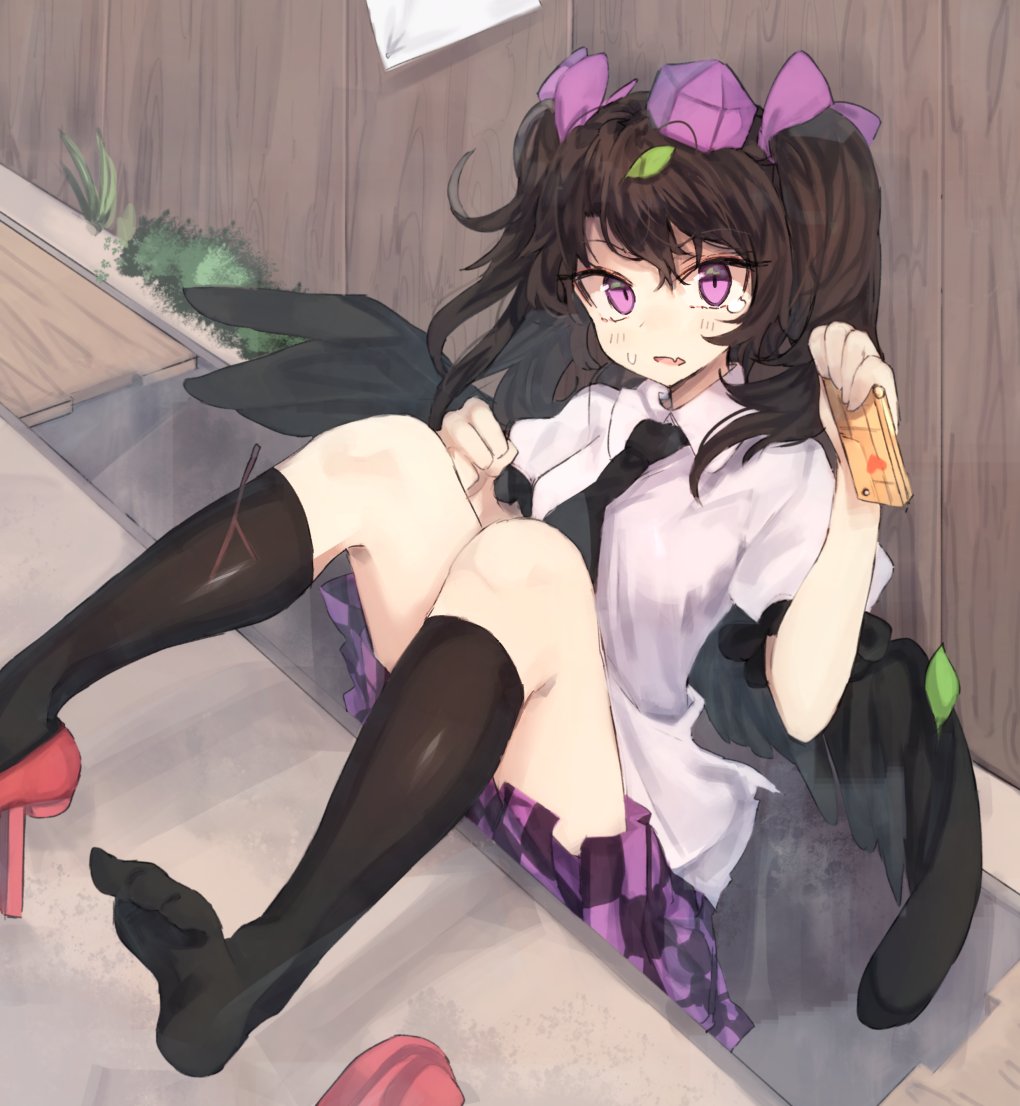 1girl bangs bei_mochi black_hair black_legwear black_necktie black_wings blush cellphone checkered checkered_skirt falling fang geta hair_ribbon hat himekaidou_hatate long_hair necktie parted_lips phone pink_eyes pointy_ears puffy_short_sleeves puffy_sleeves purple_ribbon ribbon shirt short_sleeves skirt socks solo tears tengu-geta tokin_hat touhou twintails white_shirt wings