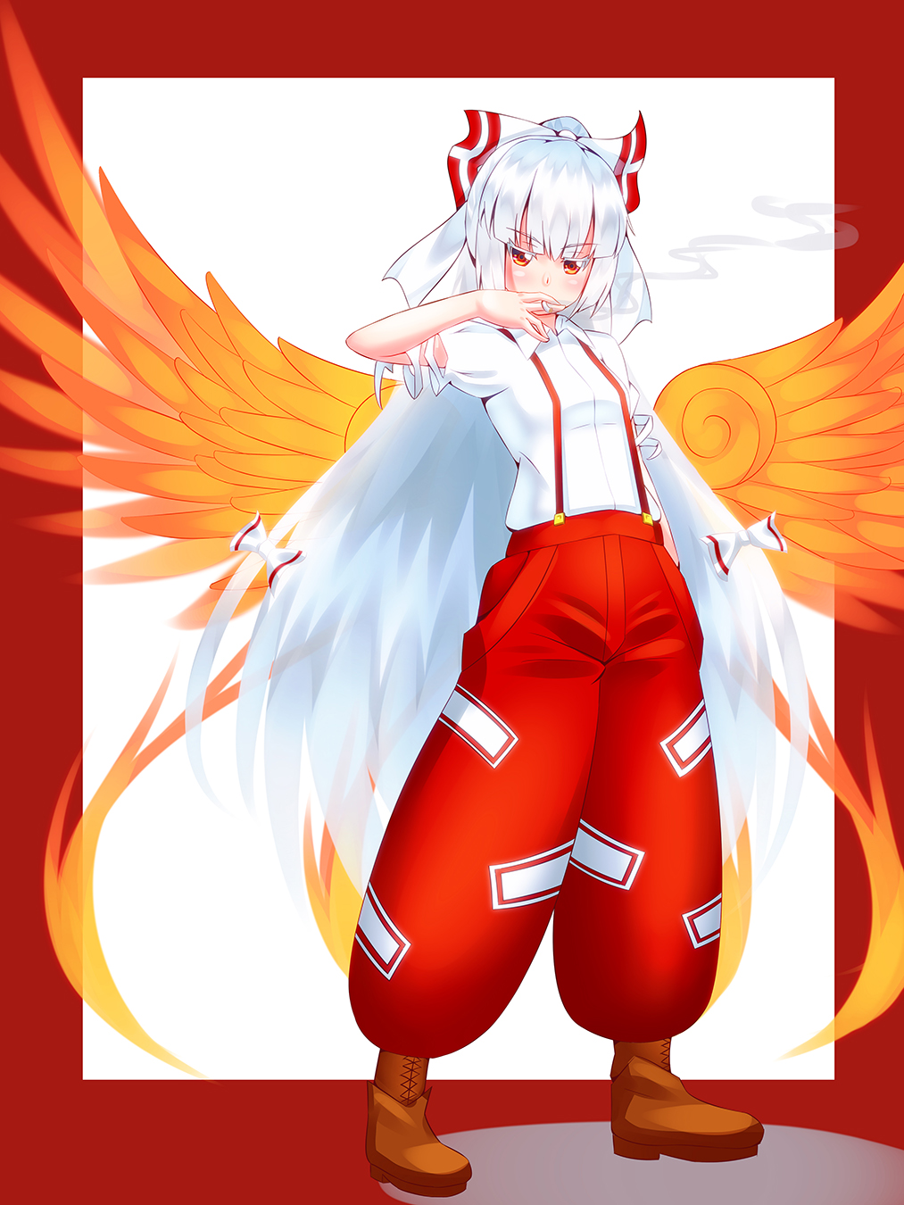 1girl baggy_pants bangs cigarette commentary_request covering_mouth fujiwara_no_mokou hair_ribbon highres long_hair pants phoenix_wings puffy_short_sleeves puffy_sleeves red_eyes red_pants ribbon shan_zhu_feiyue short_sleeves smoking solo touhou tress_ribbon very_long_hair white_hair