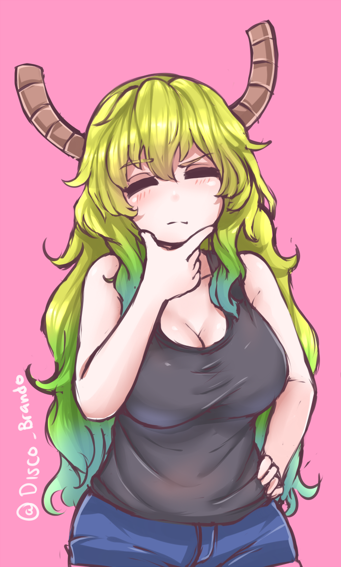 1girl blonde_hair breasts chin_stroking cleavage closed_eyes commentary disco_brando dragon_girl gradient_hair green_hair hand_on_hip kobayashi-san_chi_no_maidragon large_breasts multicolored_hair pink_background quetzalcoatl_(maidragon) shorts simple_background solo tank_top twitter_username wavy_hair