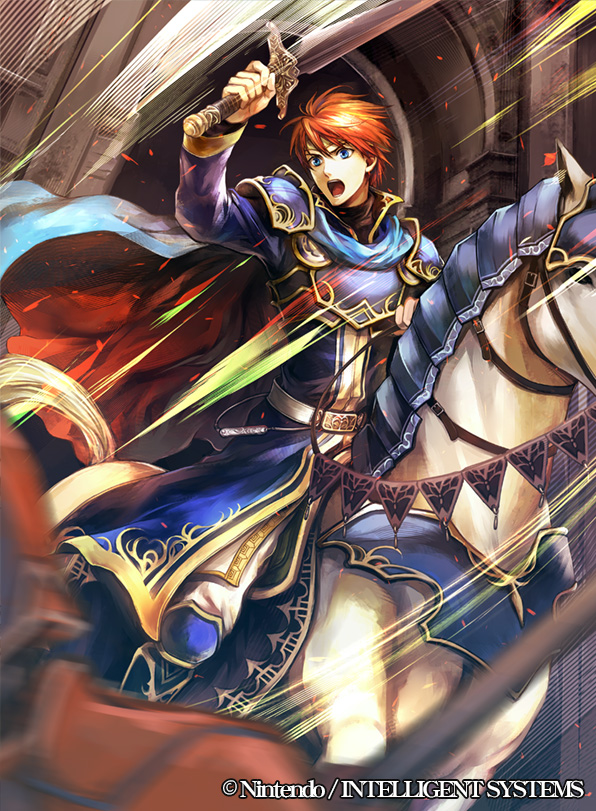 1boy armor armored_boots blue_eyes boots cape copyright_name eliwood_(fire_emblem) fire_emblem fire_emblem:_rekka_no_ken fire_emblem_cipher horseback_riding huge_weapon male_focus official_art redhead riding solo sword wada_sachiko wadadot_lv weapon white_horse